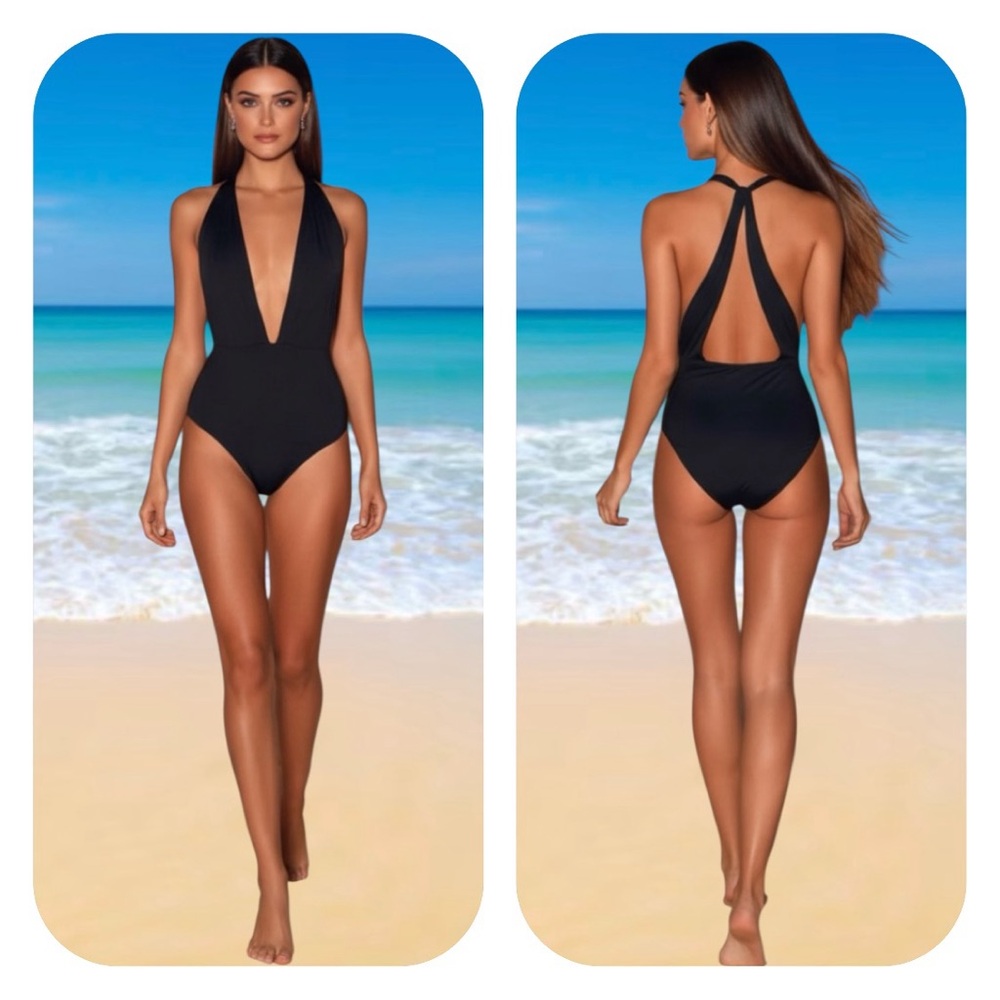 Lulus S black plunge halter swimsuit - Picture 8 of 13